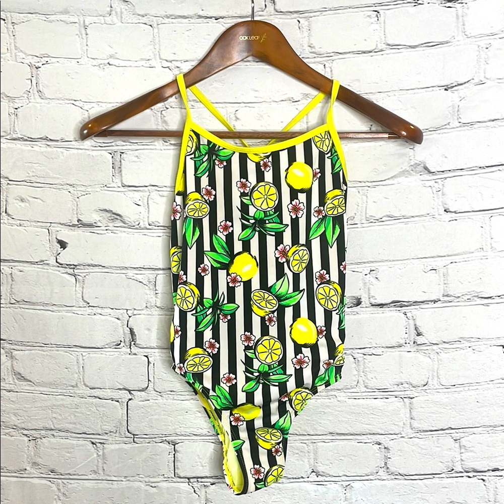 Wonder Nation Girl’s Lemon Print Striped One-Piece Swimsuit Size Large